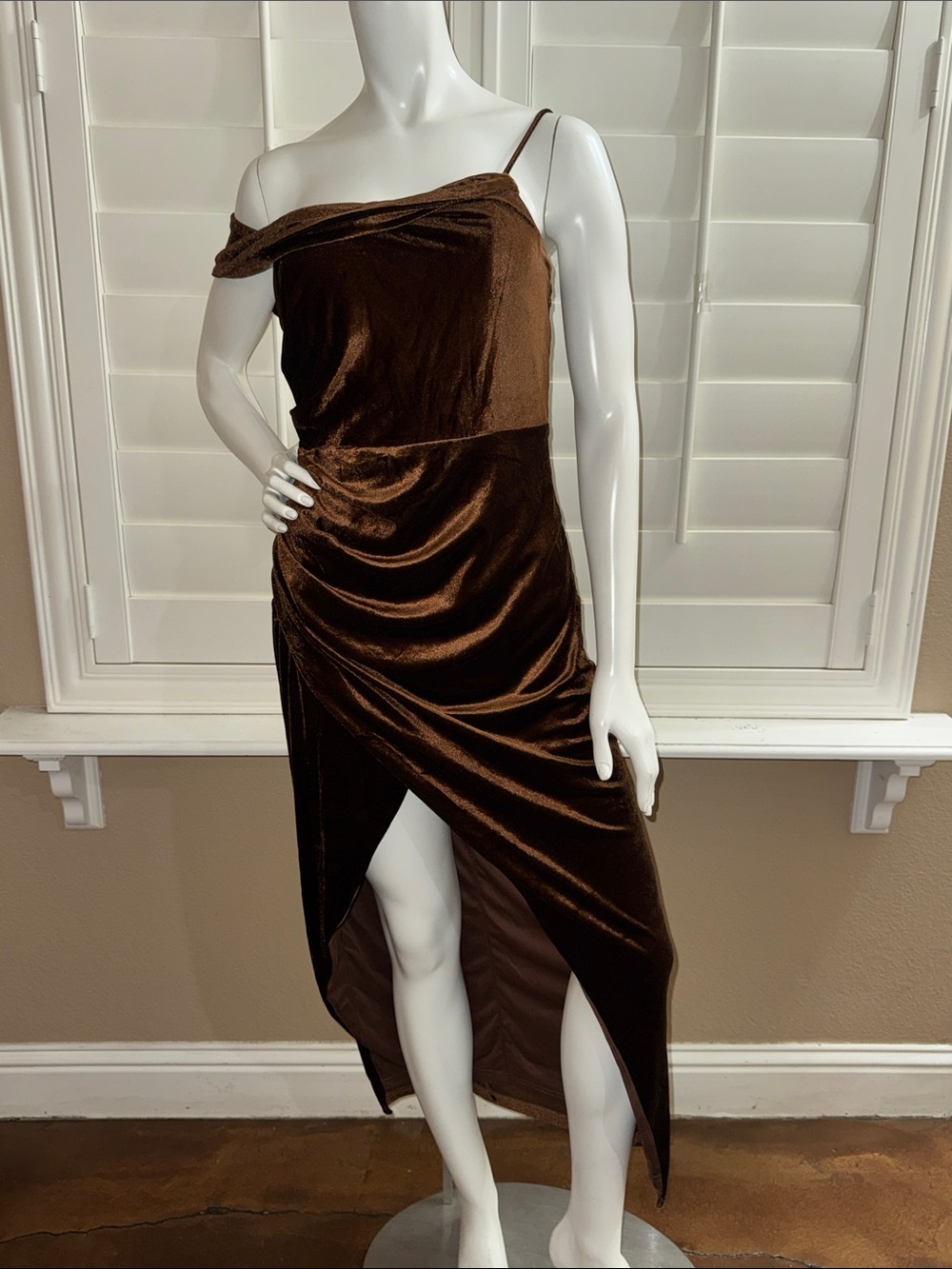 Lulus Showing Off a Little Brown Velvet Asymmetrical Tulip Midi Dress